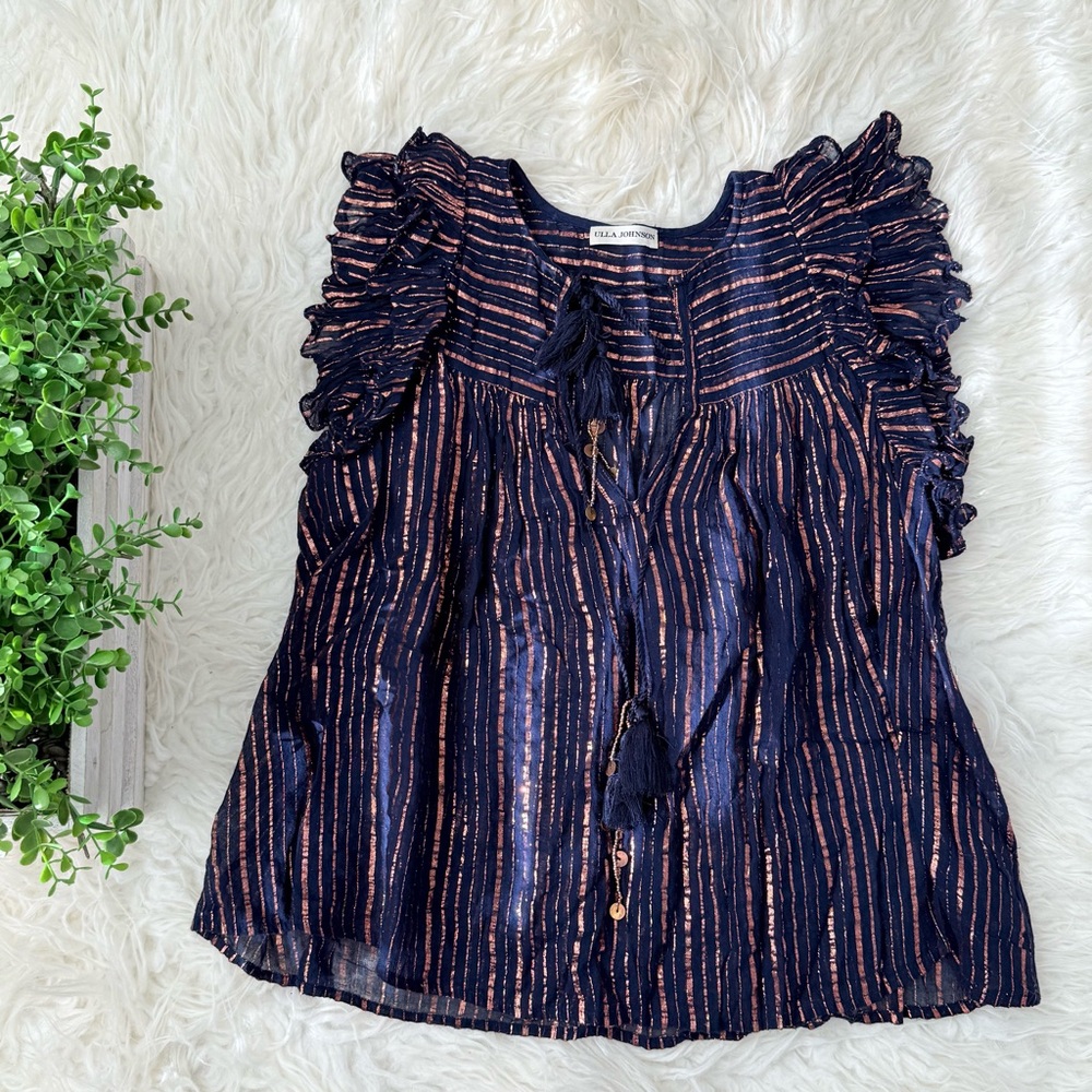 Ulla Johnson Navy and Pink Metallic Bead Ruffle Blouse 0